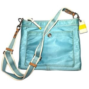Coach crossbody bag good pre-owned condition blue satin w/navy blue interior